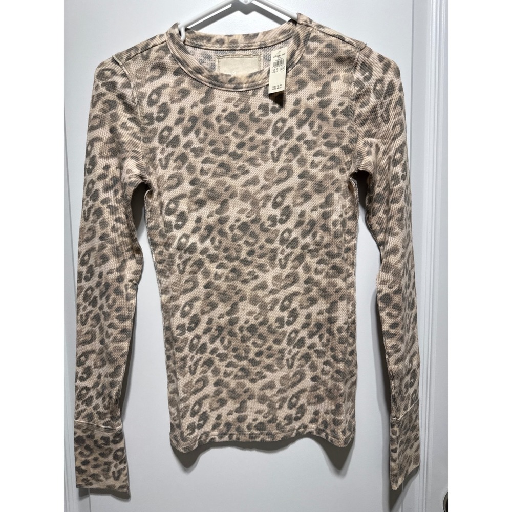 NEW Aerie Leopard Print Thermal Long Sleeve Top Womens XS Beige Gray